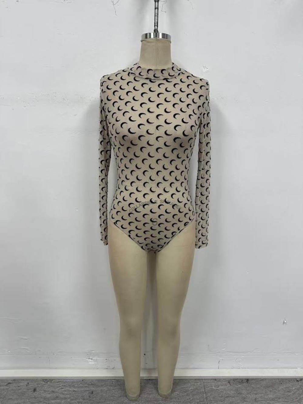 Vintage Beige Crescent Print Long Sleeve Bodysuit